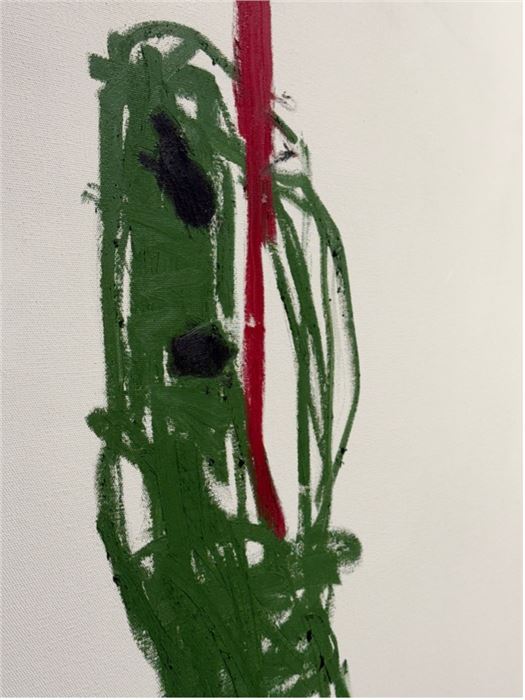 Close-up of Andi Fischer’s SCHLONGÄ DURST, 2021, oil stick on canvas. Photo by Maya Garabedian.
