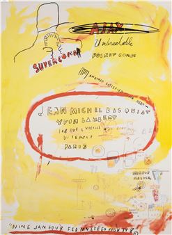156
	
		Jean-Michel Basquiat (1960-1988) after.
		Supercomb 1988
		Offset lithograph printed in colours, 2021, from the second edition of unknown size, published by Yvon Lambert Gallery, Paris, on smooth wove paper, the full sheet printed to the edges, sheet 729 x 521mm (28 3/4 x 20 1/2in) 

	

 - Jean-Michel Basquiat